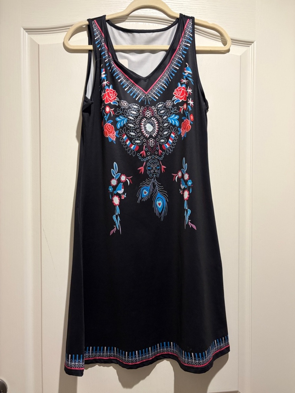 SHEIN Black Midi Dress with Blue and Red Floral Print